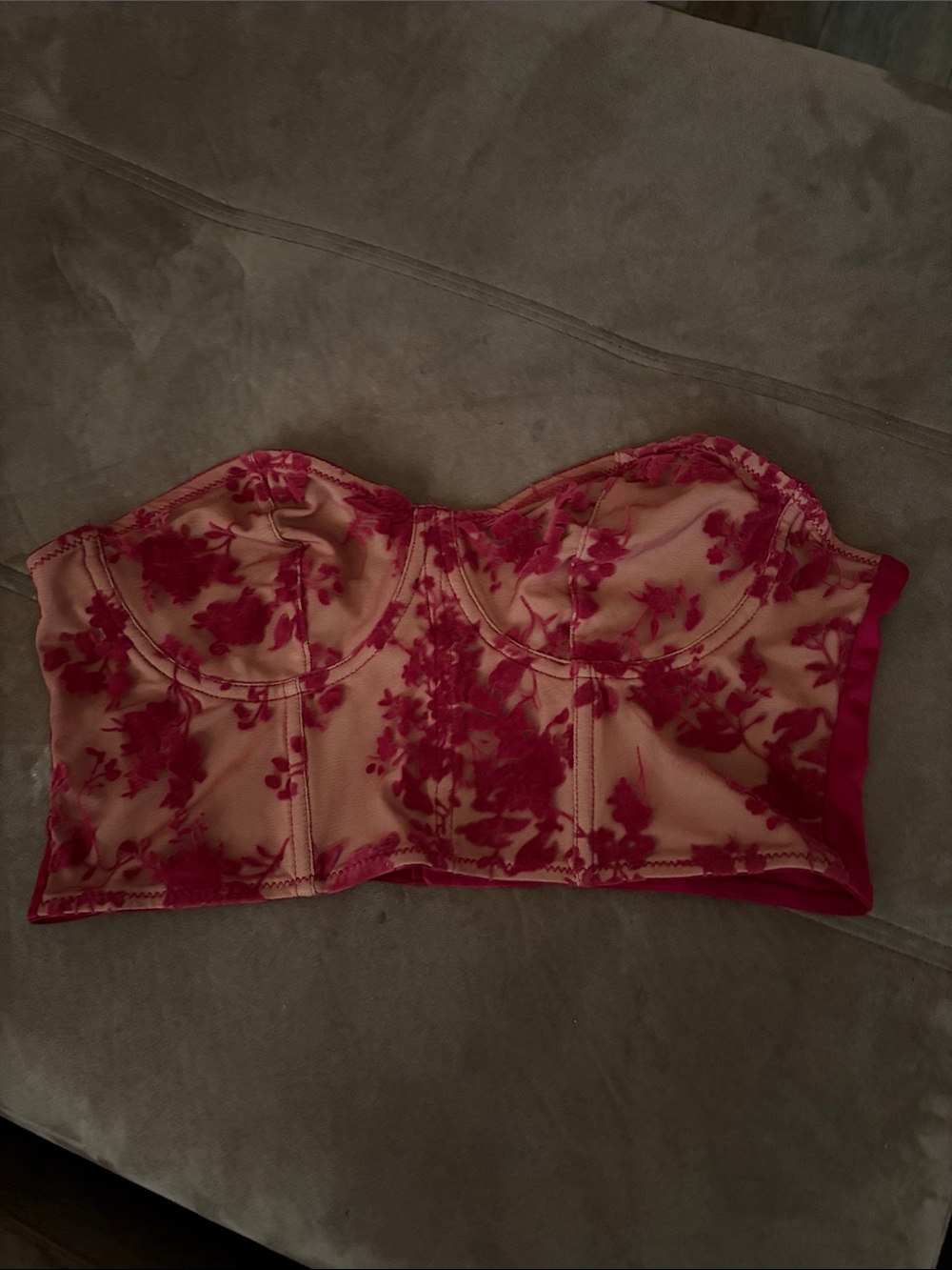 Floral Strapless Bustier Top in Deep Raspberry and Tan Size Large